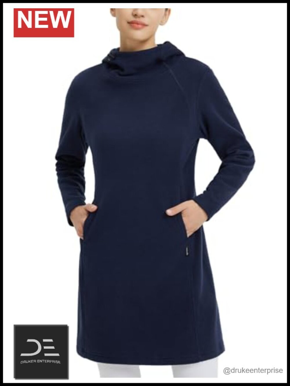 Fleece Sweatshirt Dress Thermal Long Sleeve Tunic Hooded Pullover with Pocket